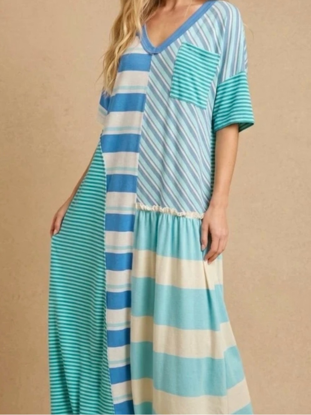 Free People patchwork V-Neck Maxi Dress in Aqua, Teal, and Cream
